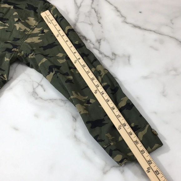 BP Nordstrom Green Camo Cotton Hooded Jacket Womens Small Snap Zip Up Longline - Picture 6 of 11